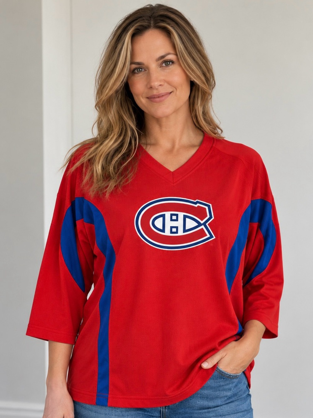 🏒Montreal Canadiens NHL Jersey-Style Shirt – Women’s Large – ¾ Sleeves